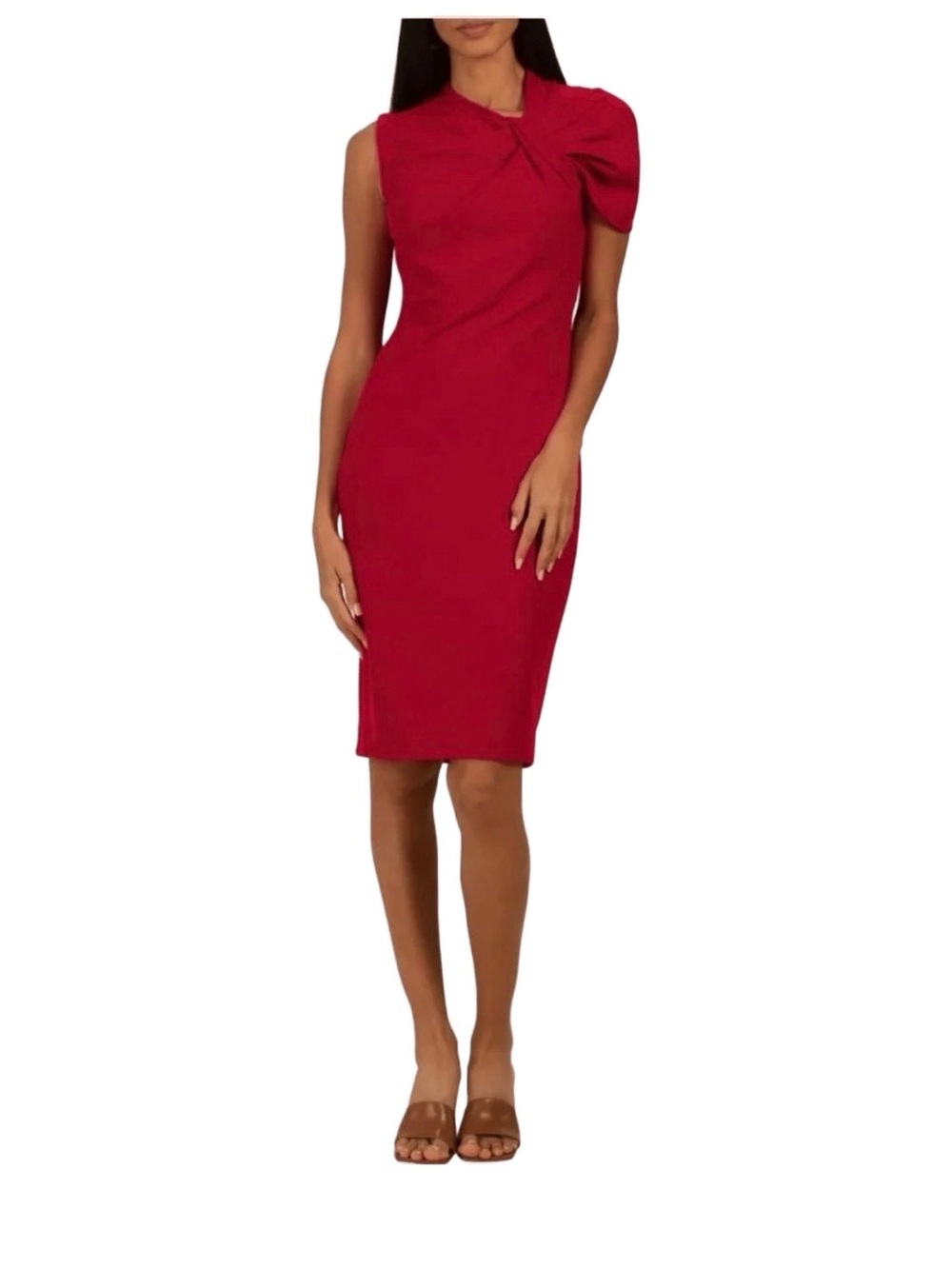 Trina Turk Cherry Red One-Sleeve Twist Midi Sheath Dress